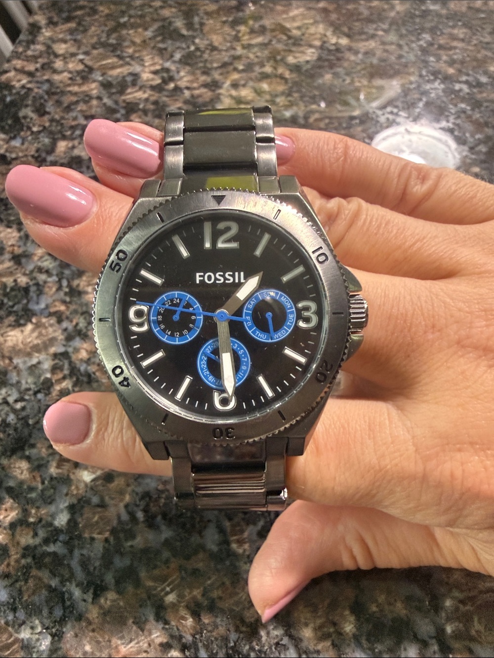 Fossil Black Stainless Steel Watch with Blue Subdials